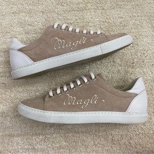 Bruno Magli Tan/white suede Shelby embroidered sneakers 39/9